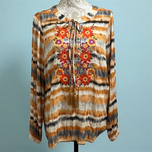 Savanna Jane Boho Embroidered Floral Peasant Blouse Tie Neck Orange Gray L Rayon
